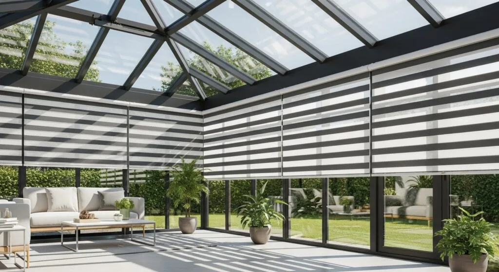 A bright, modern conservatory with a glass roof and expansive windows, creating an airy, sunlit space