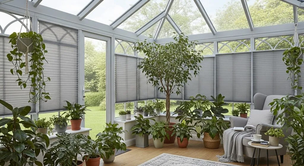 A bright and inviting conservatory with a pitched glass roof and large surrounding windows.