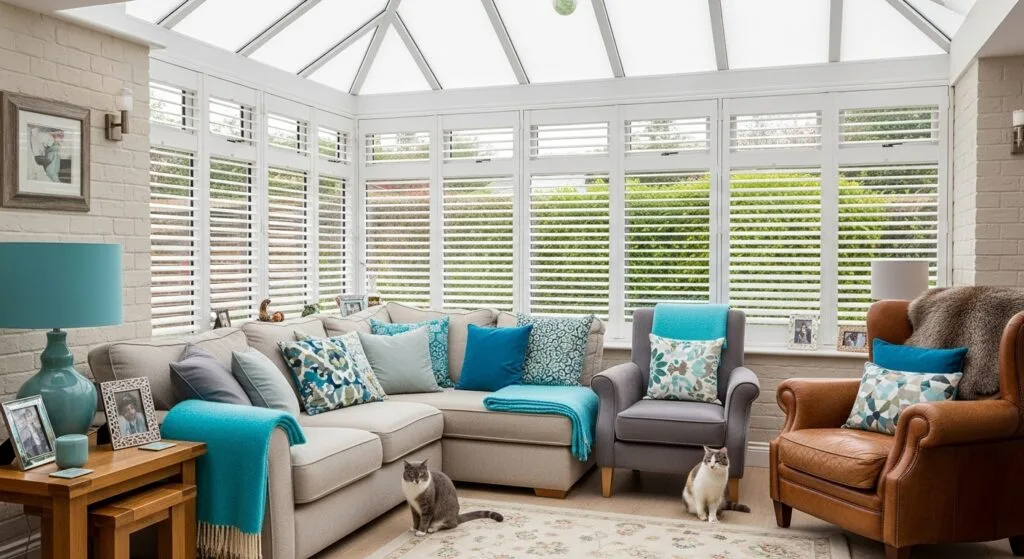 A cozy conservatory-style living room with a glass roof and large white-framed windows fitted with plantation shutters.