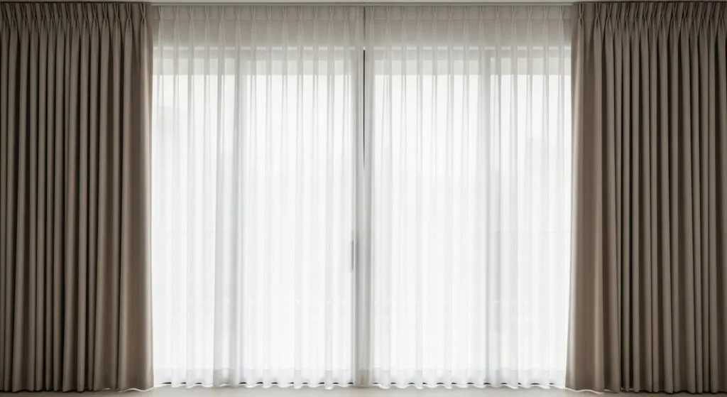 A large window or sliding glass door covered with a layered curtain arrangement.