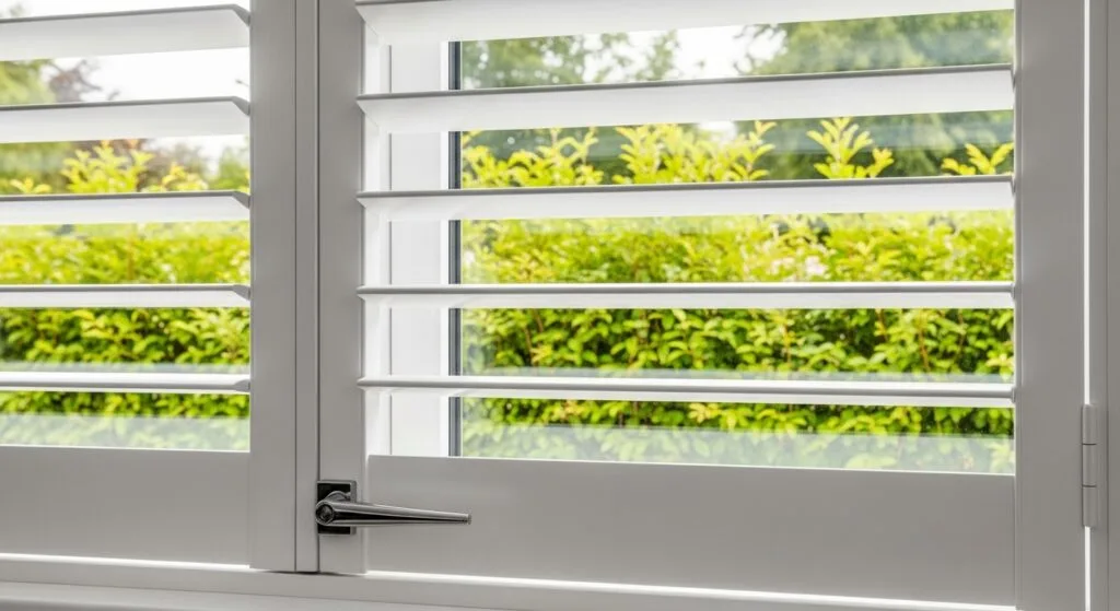 A close-up view of a modern white window shutter with wide horizontal slats.