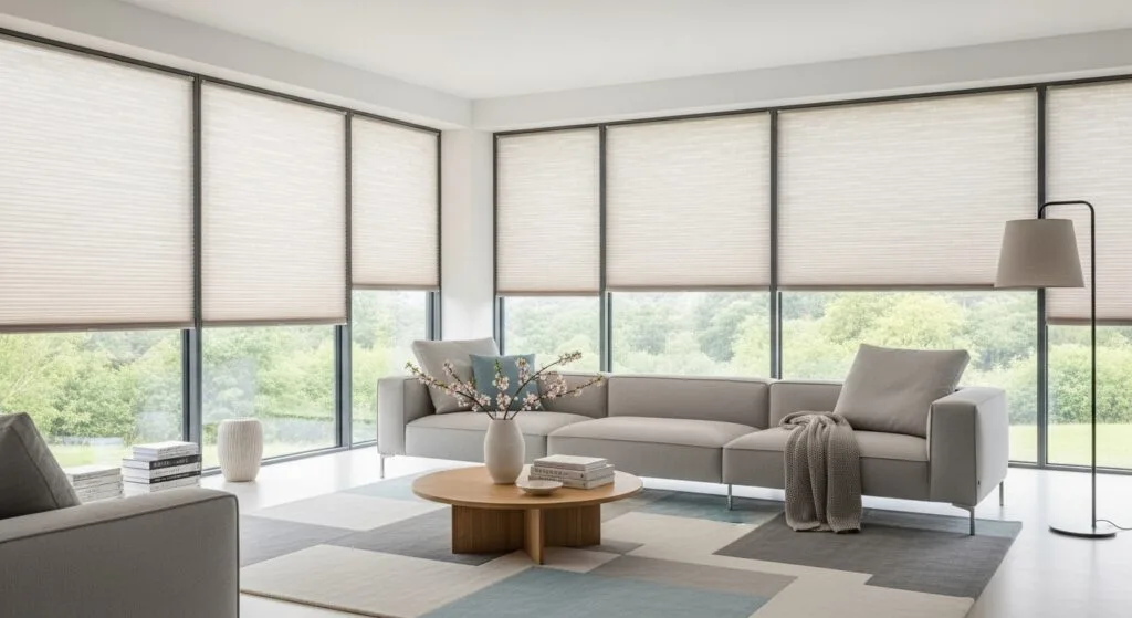 A modern, spacious living room with floor-to-ceiling windows covered by light beige pleated blinds