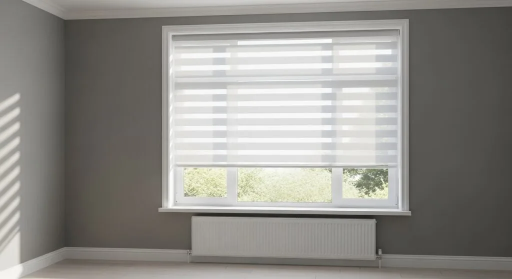 A modern minimalist room with a medium-gray painted wall and white trim with day and night blinds