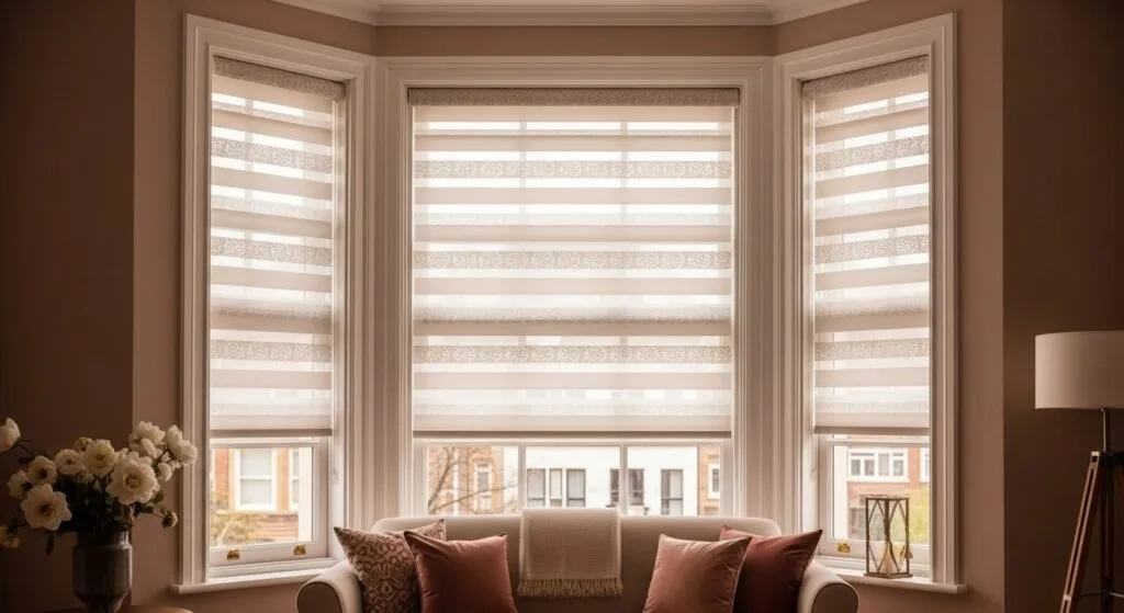 A cozy and stylish living room with a large bay window fitted with patterned day and night blinds