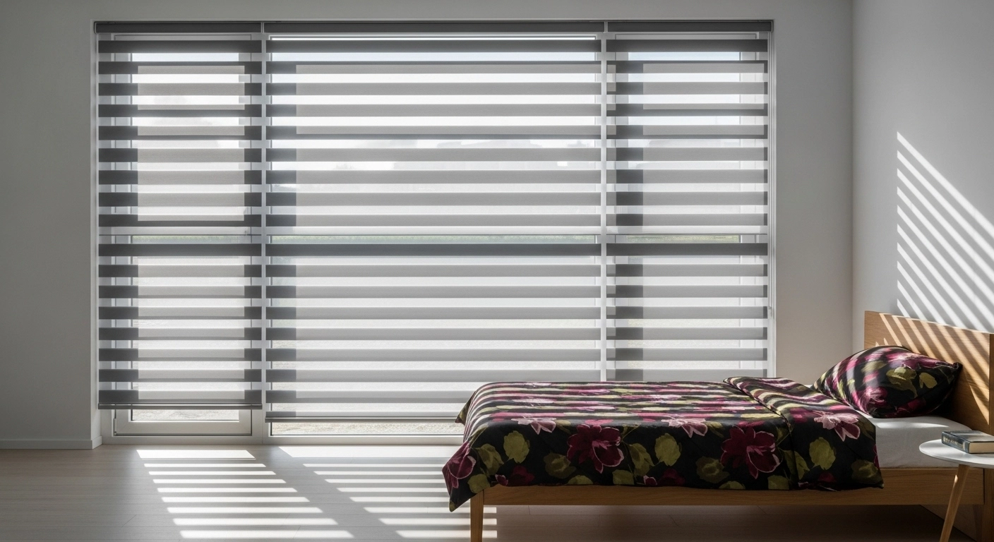 A small, minimal bedroom with a large window covered by modern zebra blinds (alternating horizontal opaque and sheer stripes in white and gray)