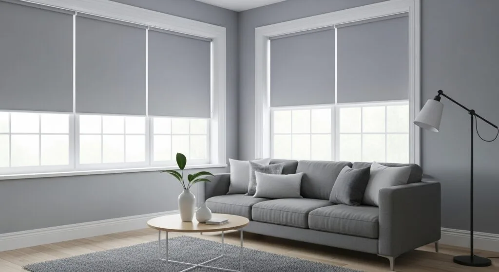 A bright, modern living room corner with large windows covered by sleek gray roller blinds