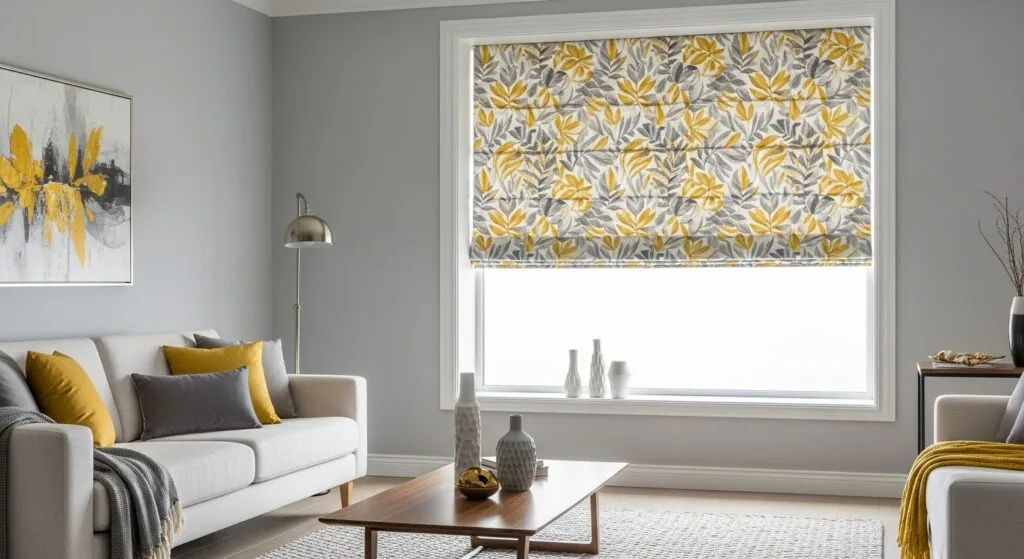 A stylish living room with a large single window featuring a patterned Roman shade